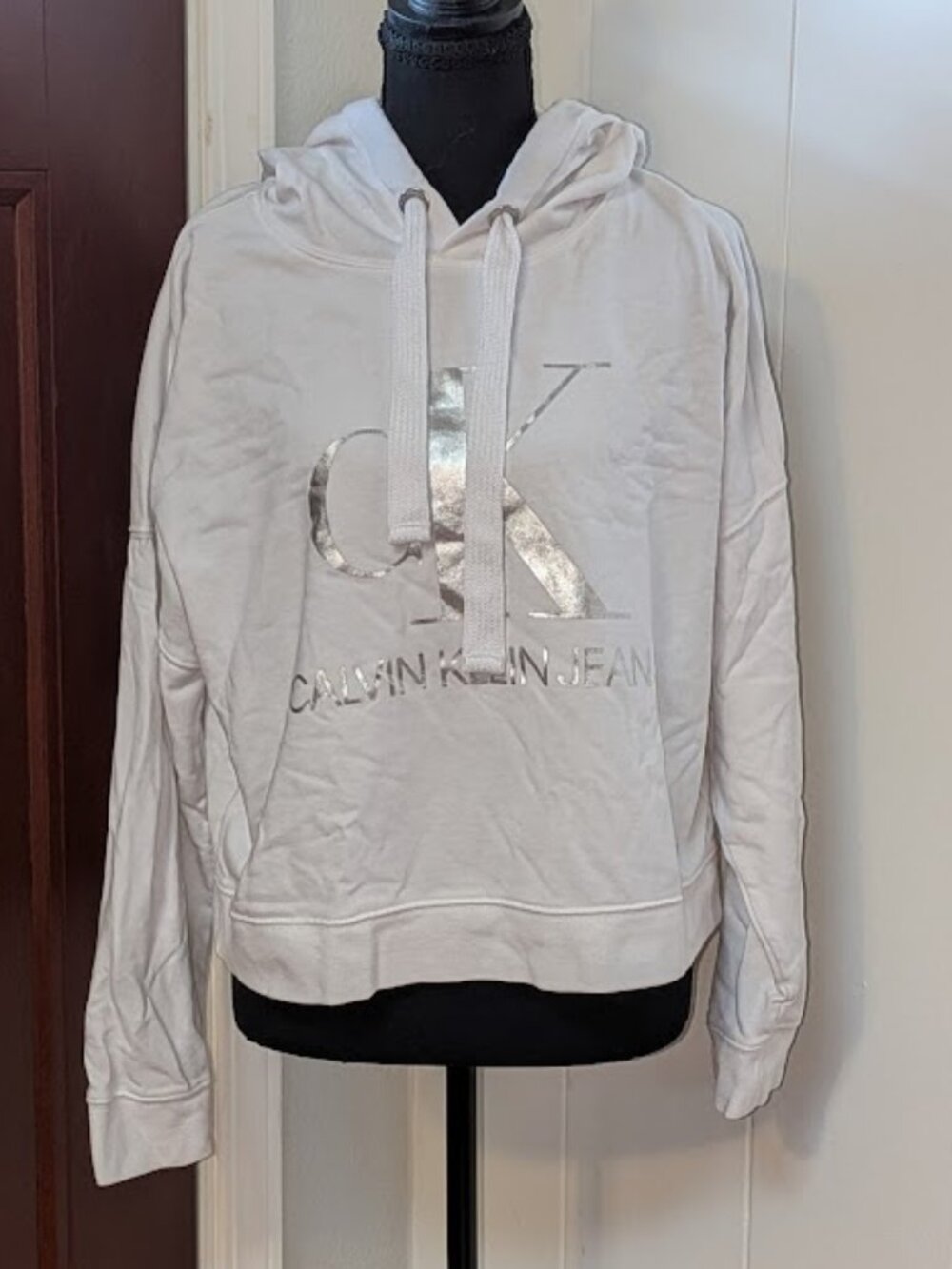 "Calvin Klein Jeans" White Silver Foil Crop Style Hoodie Size Medium Oversized